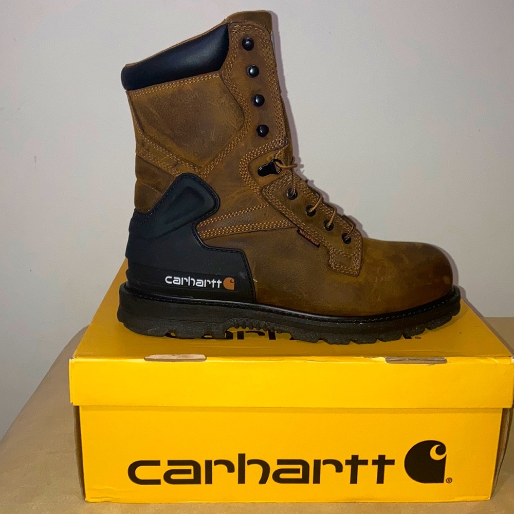 Carhartt waterproof 8-inch steel toe work boot.